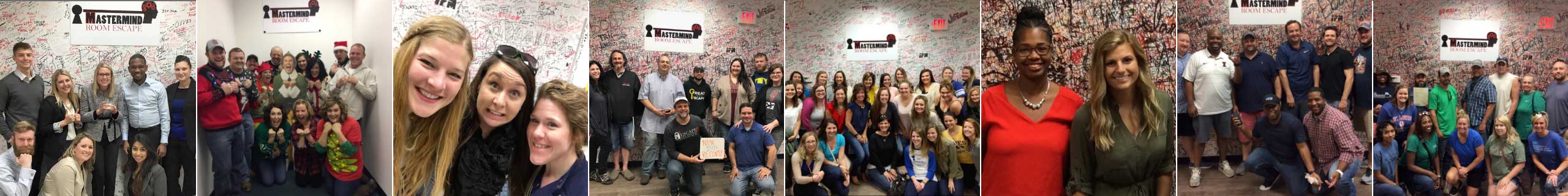 Photos of different team building groups that have participated in Mastermind Room Escape